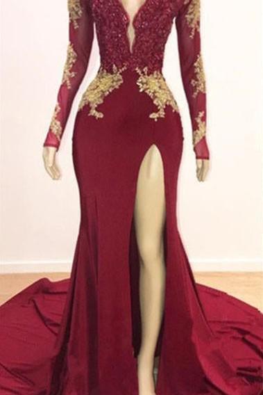 Deep V-neck Long Sleevess Lace Appliques Split Mermaid Evening Gowns - Image 3