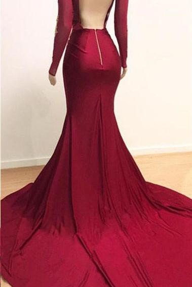 Deep V-neck Long Sleevess Lace Appliques Split Mermaid Evening Gowns - Image 4