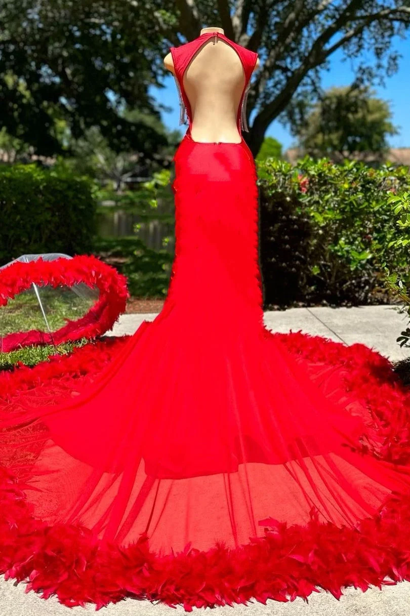 Deep V-neck Mermaid Ruby Feather Silver Beaded Prom Dresses - Image 2