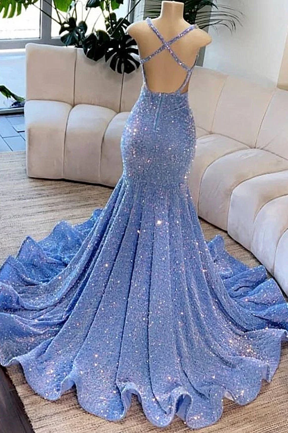 Deep V-Neck Mermaid Sequins Backless Prom Dress - Image 2