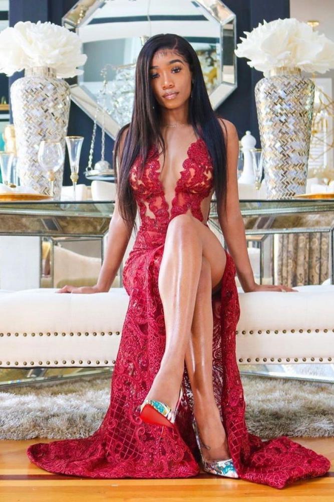 Deep V-Neck Red Prom Party GownsFloral Lace Appliques Split Front Party Dress - Image 3