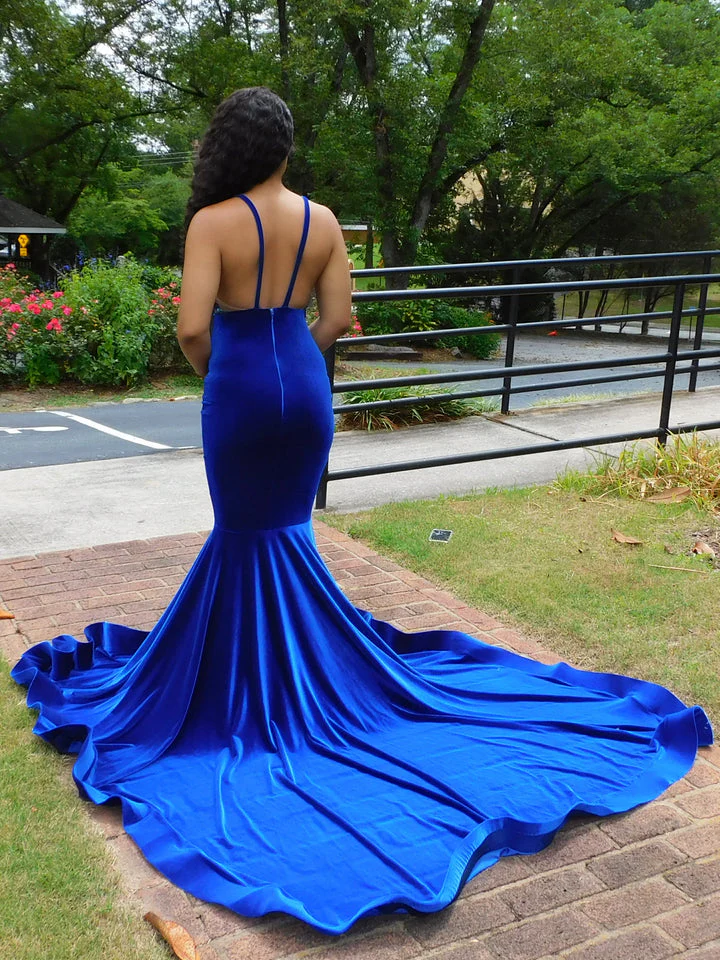 Deep V-neck Royal Blue SPAGHETTI STRAPS Mermaid Flowers Prom Dresses - Image 4