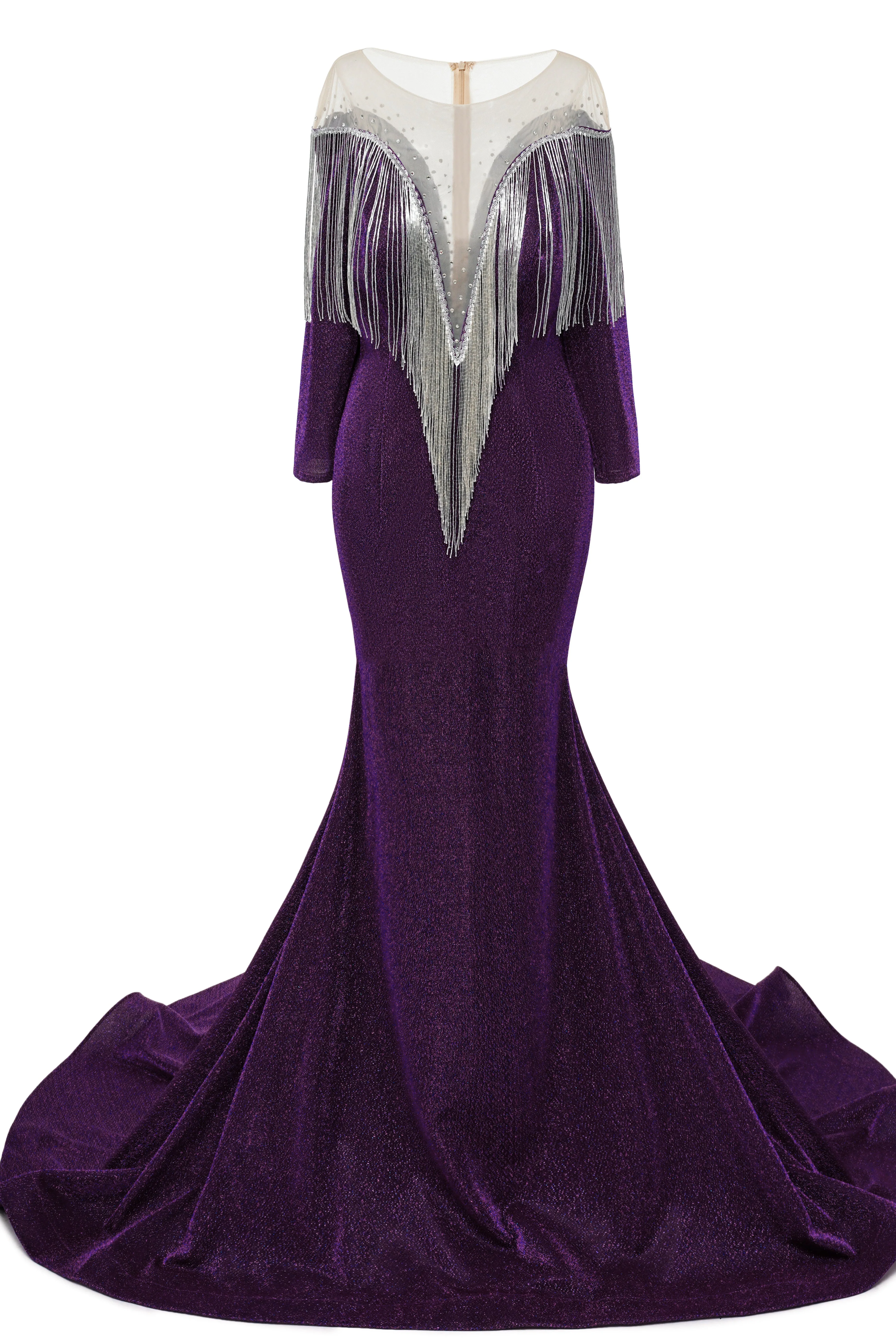 Deep V-neck Shiny Royal Blue Long sleeves Mermaid Prom Dress - Image 14