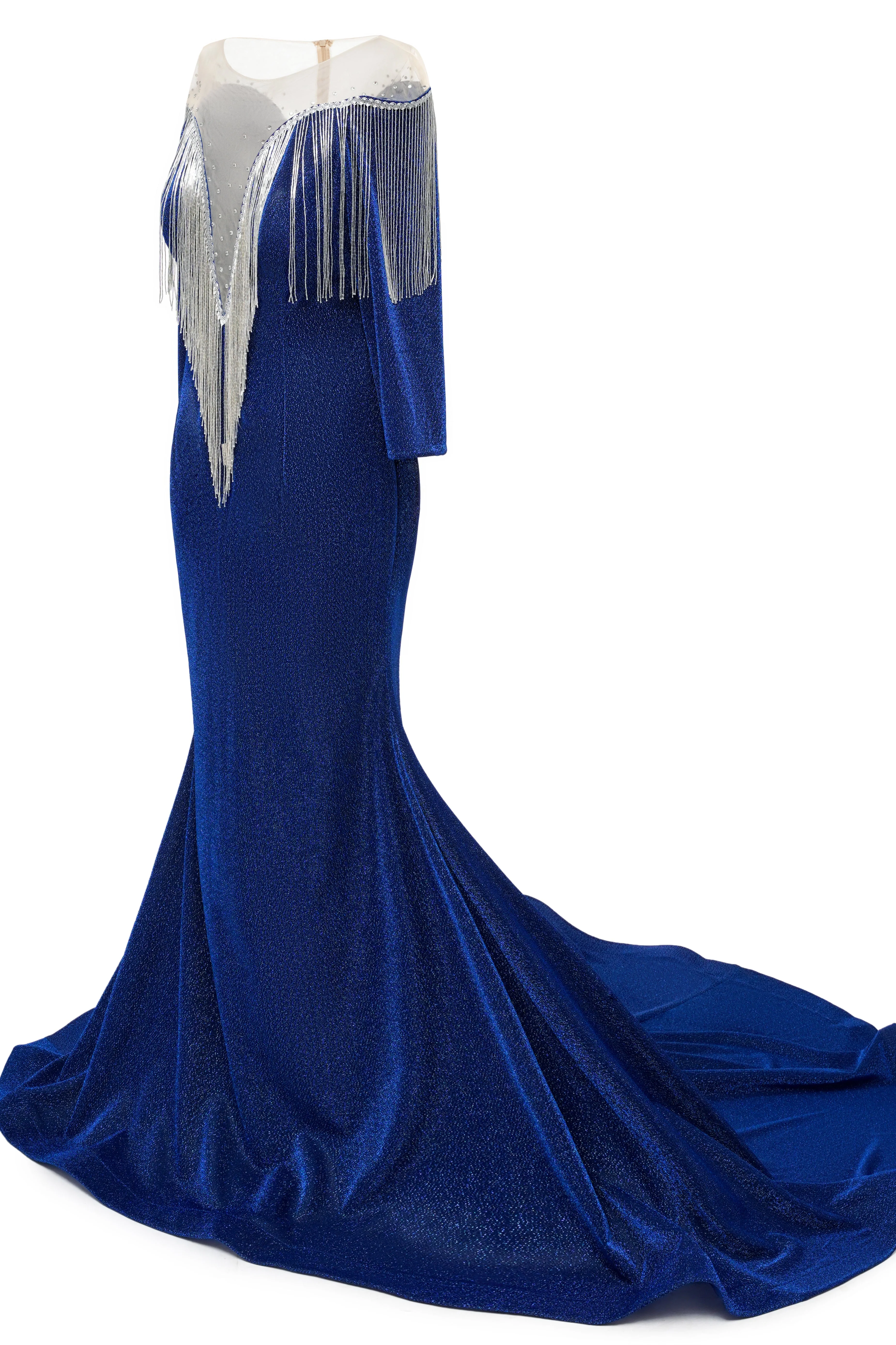 Deep V-neck Shiny Royal Blue Long sleeves Mermaid Prom Dress - Image 2