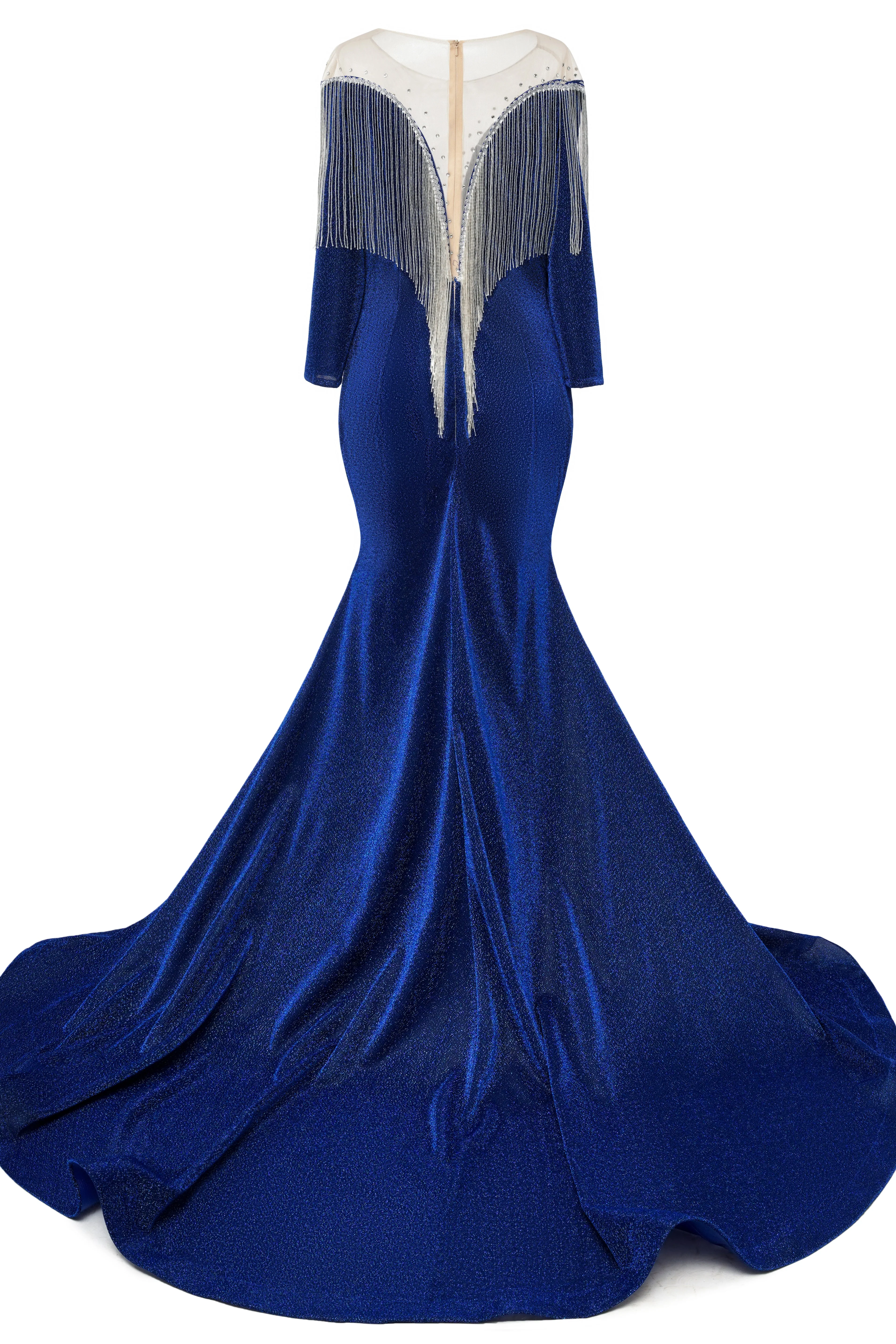 Deep V-neck Shiny Royal Blue Long sleeves Mermaid Prom Dress - Image 3