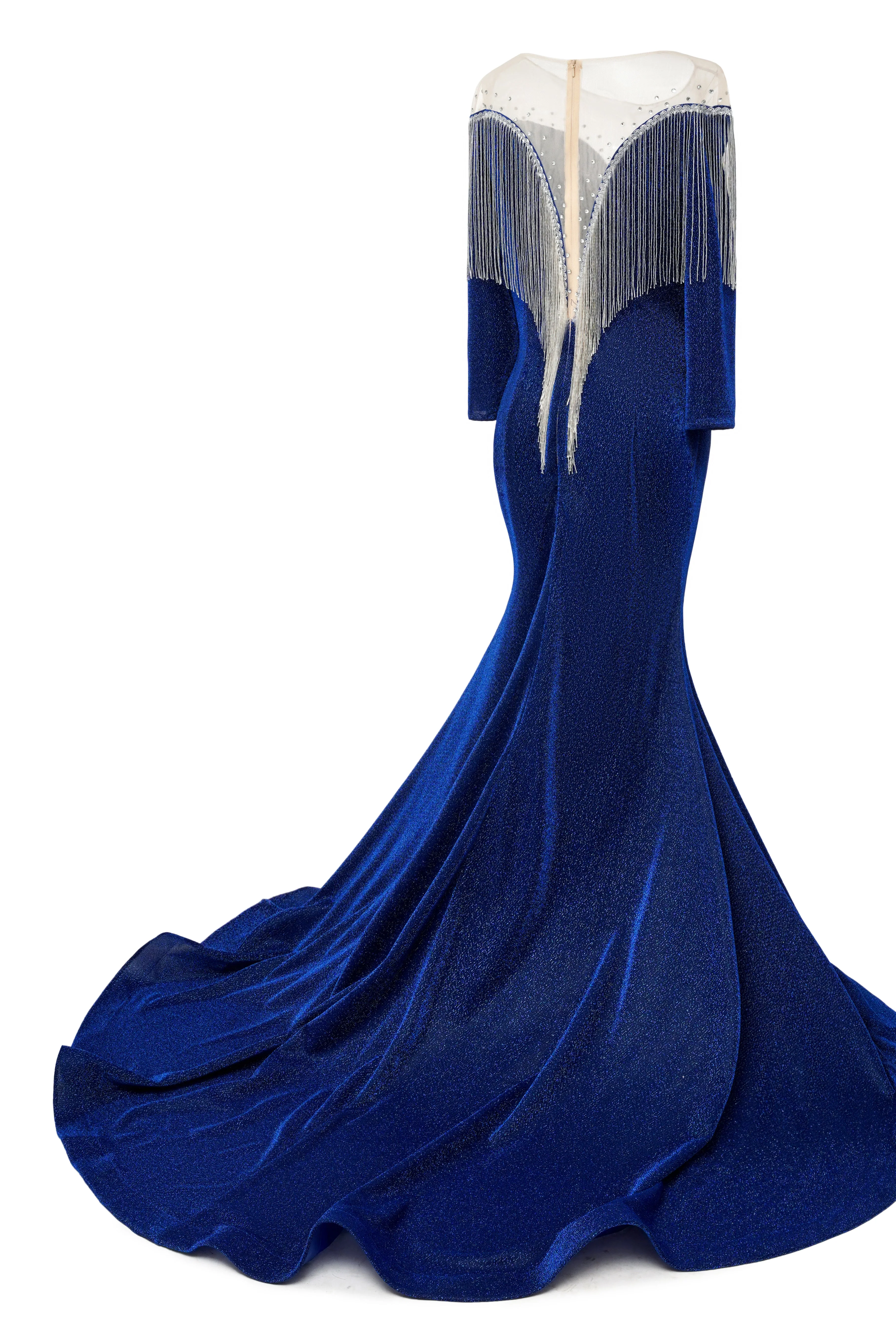 Deep V-neck Shiny Royal Blue Long sleeves Mermaid Prom Dress - Image 4
