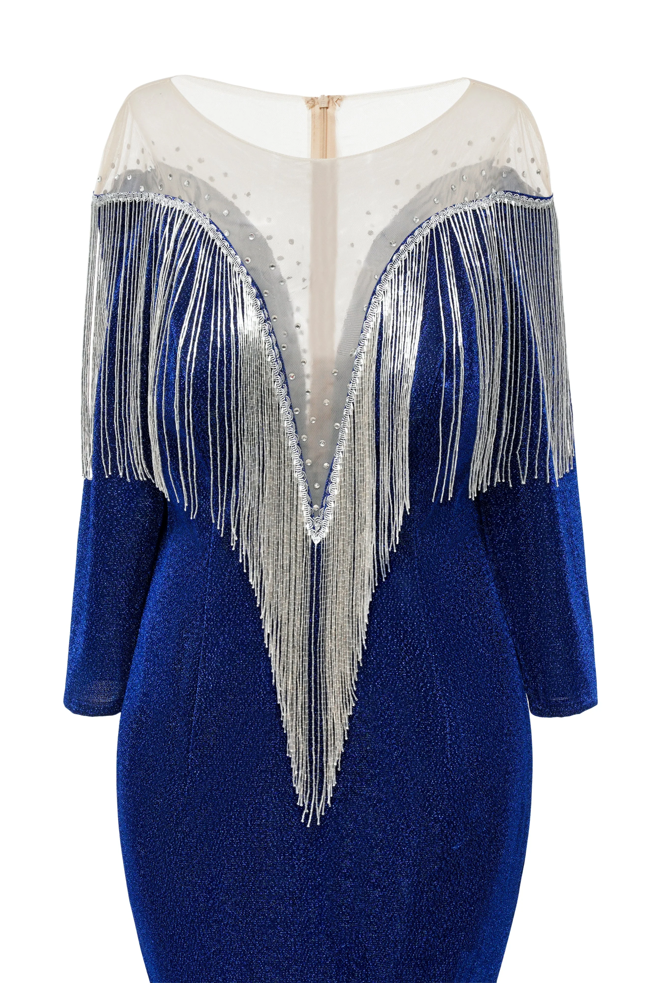 Deep V-neck Shiny Royal Blue Long sleeves Mermaid Prom Dress - Image 5