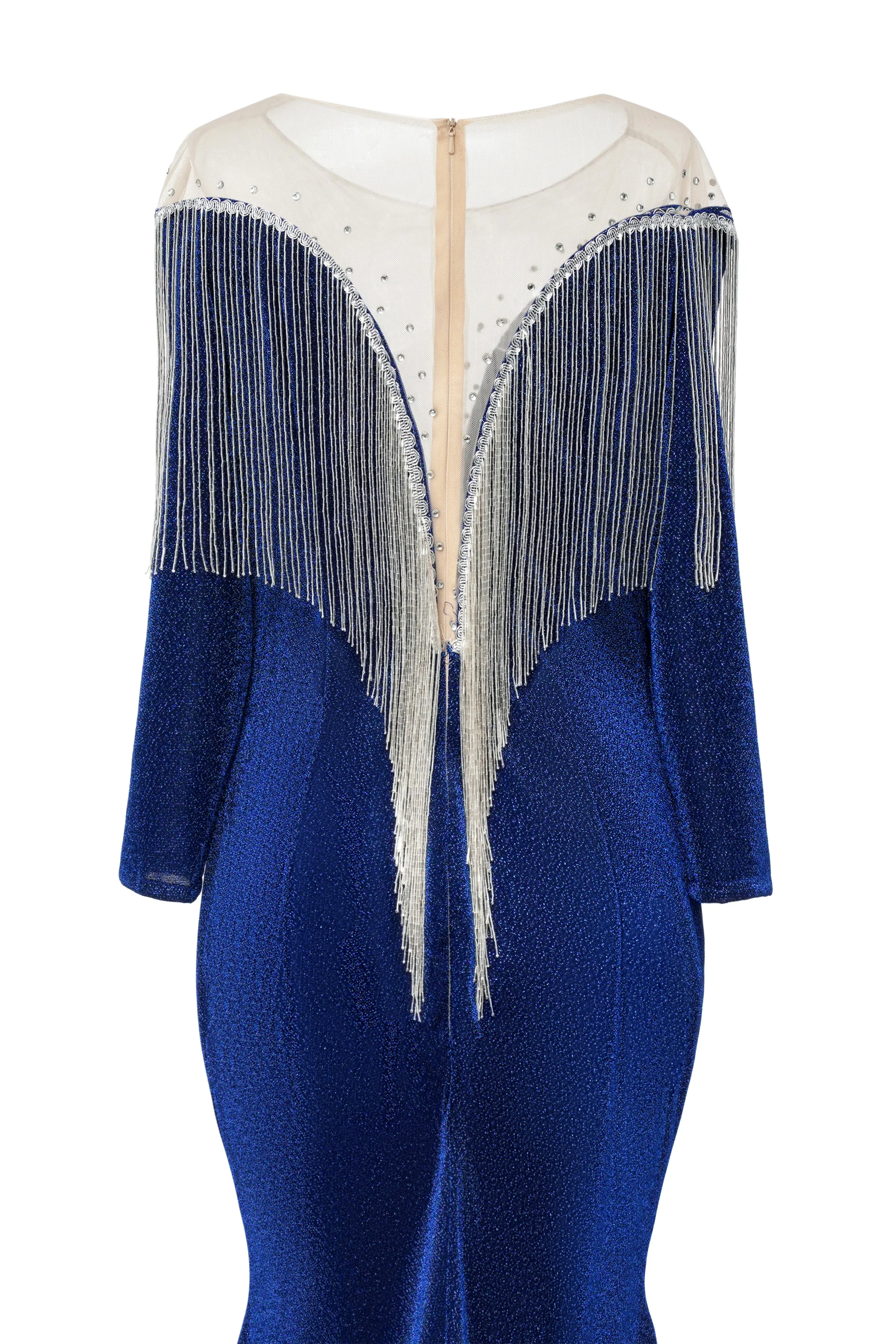 Deep V-neck Shiny Royal Blue Long sleeves Mermaid Prom Dress - Image 8