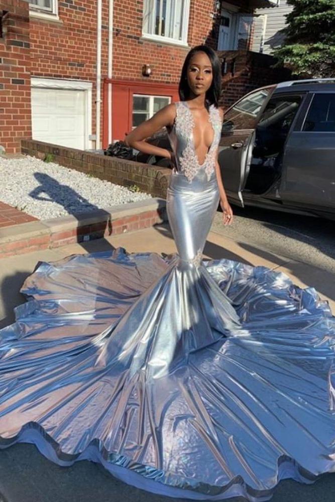 Deep V-neck Sleeveless Appliques Court Train Mermaid Prom Dresses - Image 3