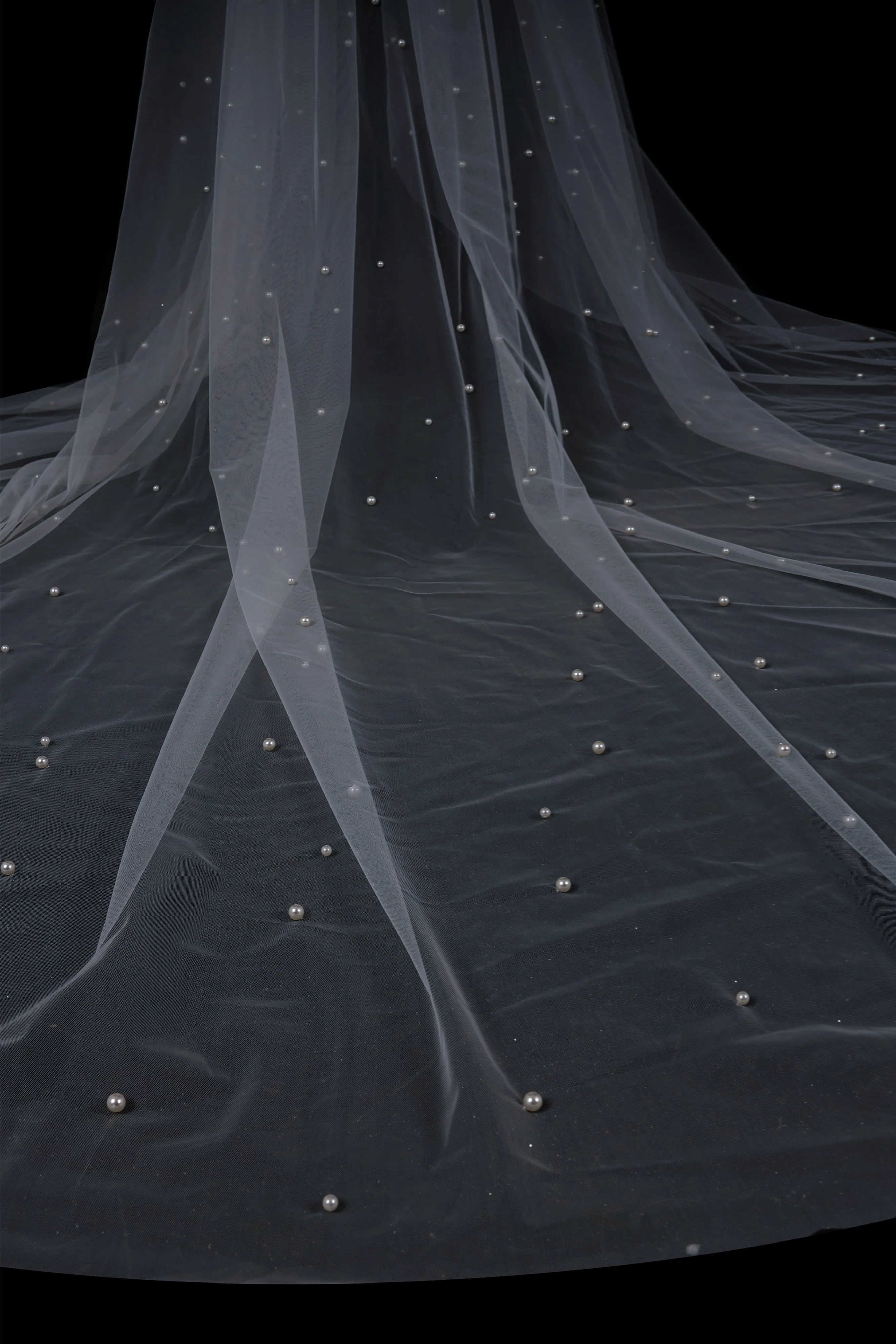 Deirdre Simple Long Tulle With Pearls Wedding Veils - Image 3
