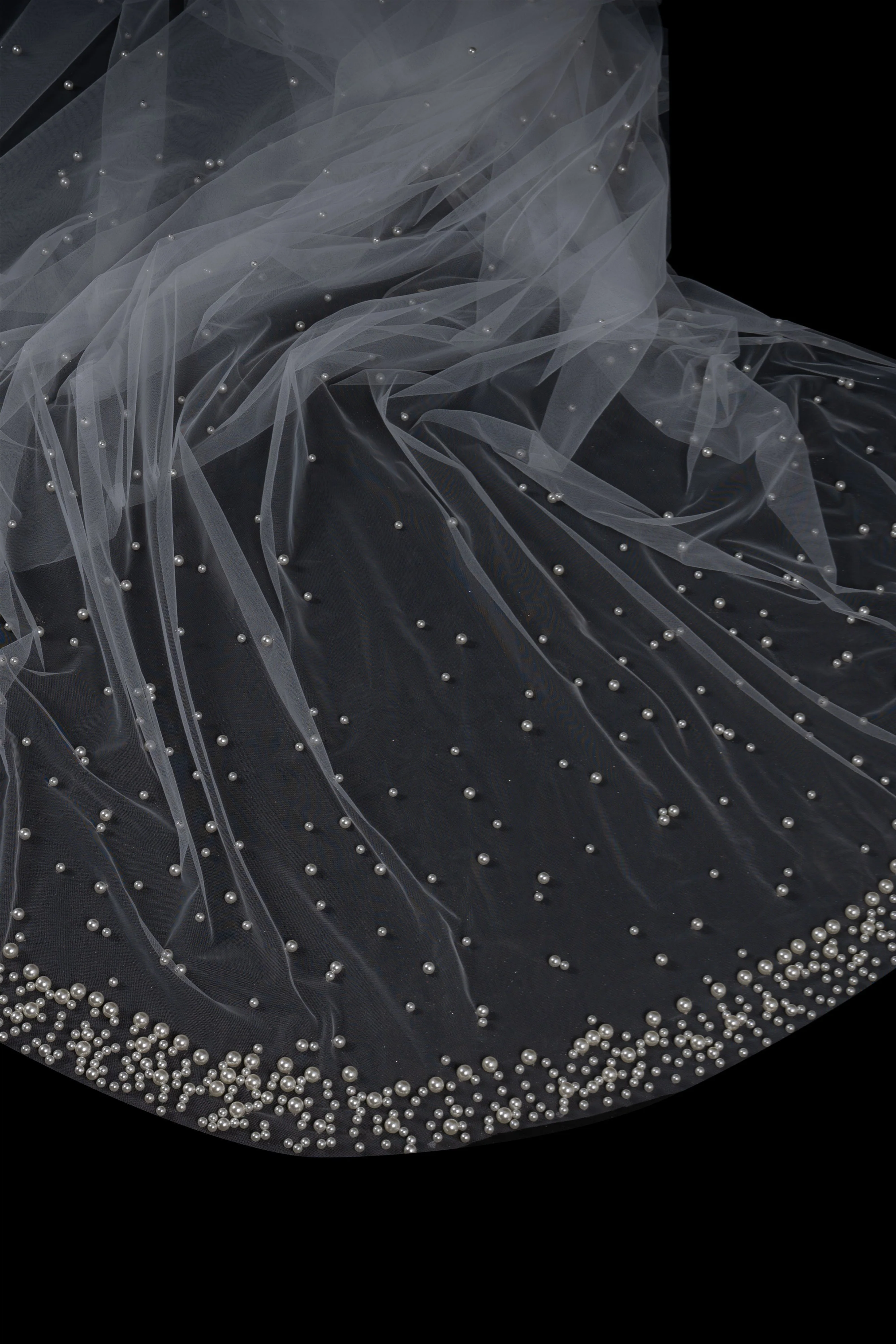 Deirdre Simple Long Tulle With Pearls Wedding Veils - Image 4