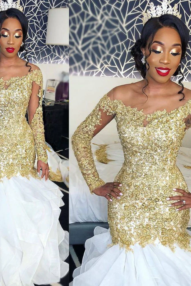 Delicate Gold Lace Long Sleeves Wedding Dress Mermaid Bridal Gown - Image 2