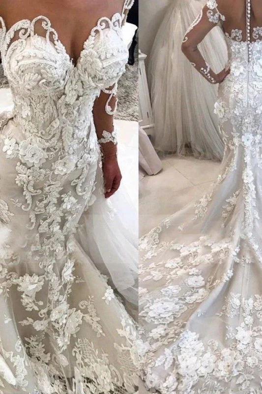 Delicate Lace Appliques Mermaid Wedding Dress Long Sleeves Bridal Gown - Image 2