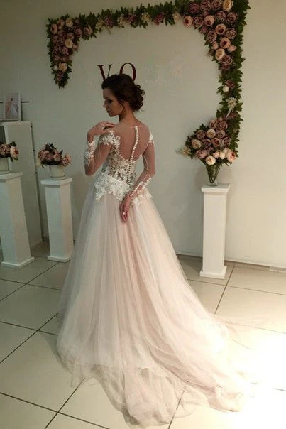 Delicate Lace Appliques Tulle Long Sleeve A line Sweep Train Bridal Dress - Image 2