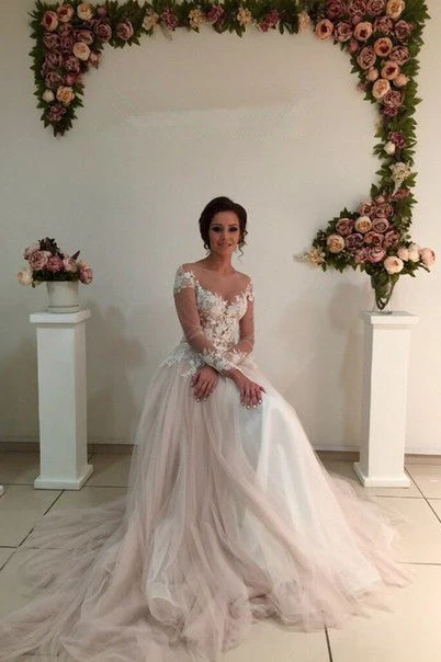 Delicate Lace Appliques Tulle Long Sleeve A line Sweep Train Bridal Dress - Image 3
