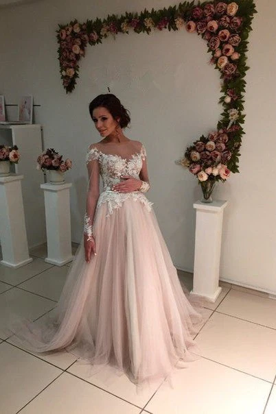 Delicate Lace Appliques Tulle Long Sleeve A line Sweep Train Bridal Dress - Image 4