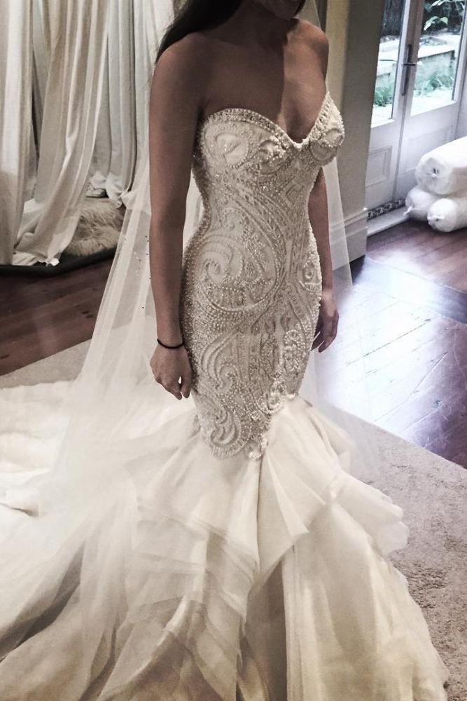 Delicate Mermaid Lace Rufflesd Wedding Dress Spaghetti Strap Bridal Gown - Image 2