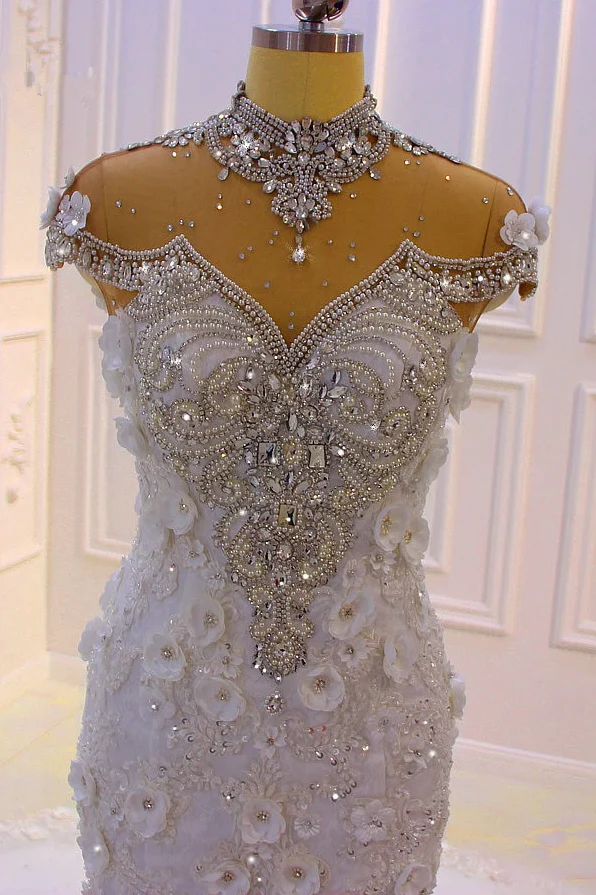 Delicate Sleeveless Beading Sheer Tulle Appliques Mermaid Sparkling Wedding Dresses - Image 2