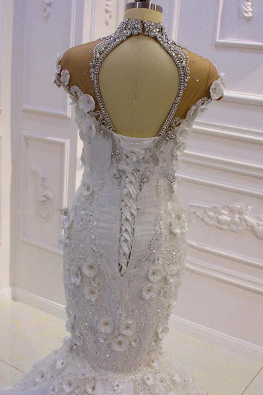 Delicate Sleeveless Beading Sheer Tulle Appliques Mermaid Sparkling Wedding Dresses - Image 3