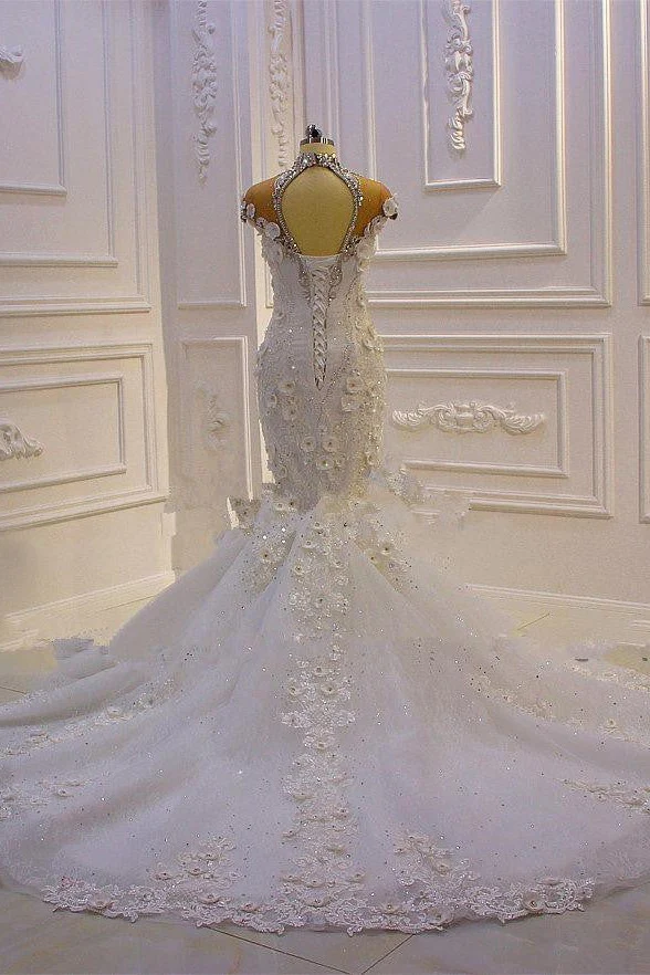 Delicate Sleeveless Beading Sheer Tulle Appliques Mermaid Sparkling Wedding Dresses - Image 4