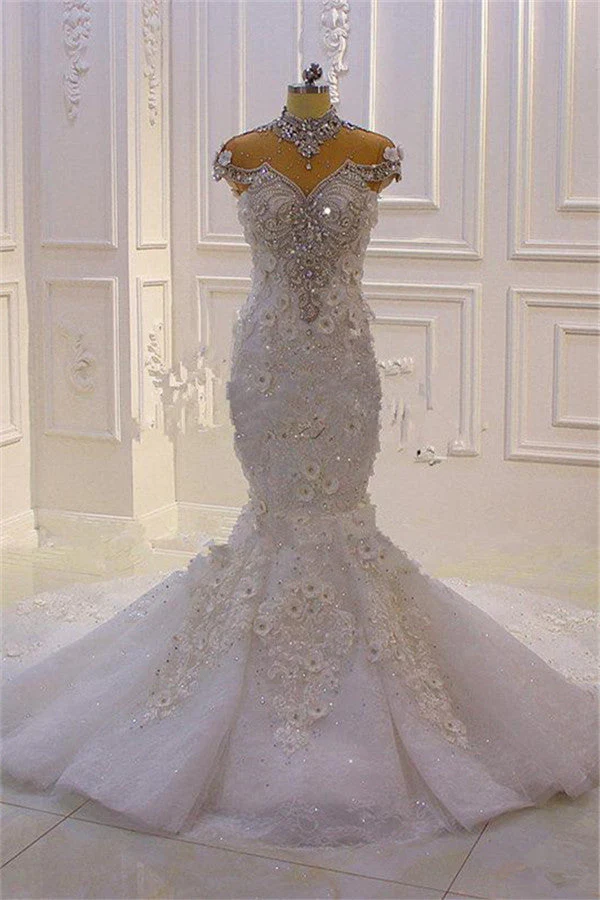 Delicate Sleeveless Beading Sheer Tulle Appliques Mermaid Sparkling Wedding Dresses - Image 5