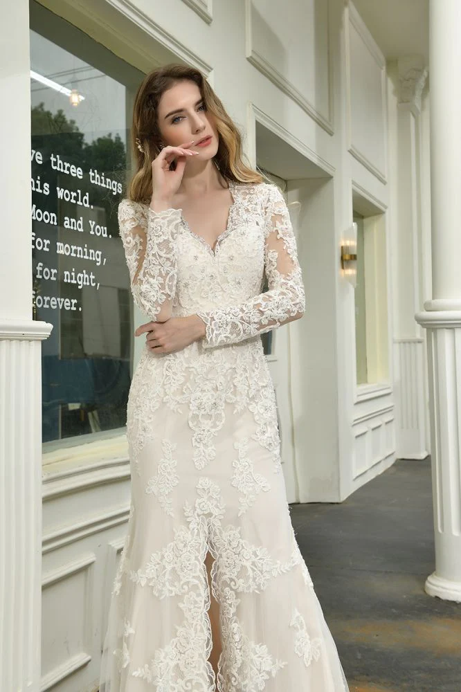 Delicate V Neck High Split Long Sleevess Lace Wedding Dress With Court Train - Image 10