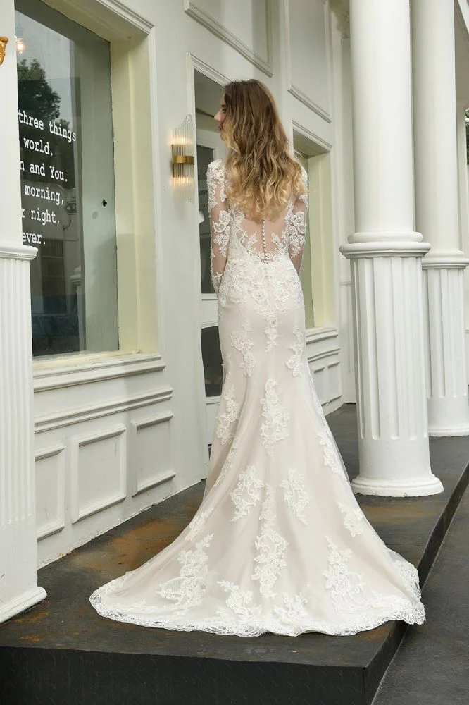Delicate V Neck High Split Long Sleevess Lace Wedding Dress With Court Train - Image 2