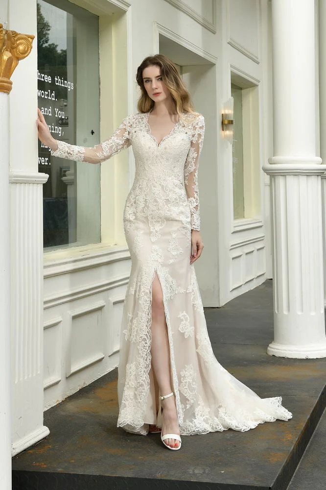 Delicate V Neck High Split Long Sleevess Lace Wedding Dress With Court Train - Image 3