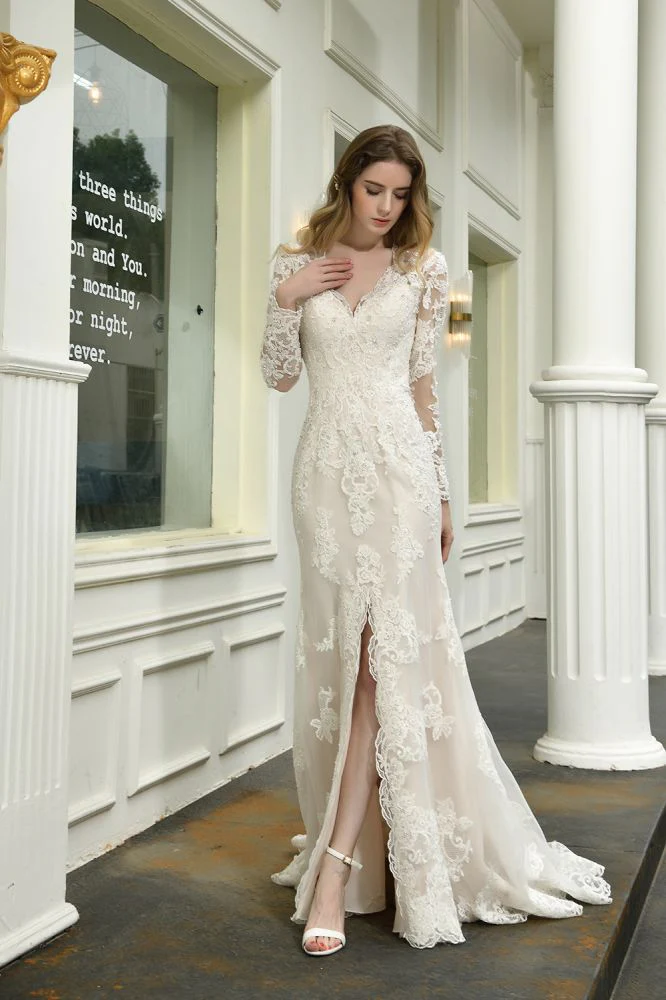 Delicate V Neck High Split Long Sleevess Lace Wedding Dress With Court Train - Image 4