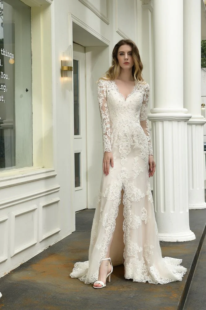 Delicate V Neck High Split Long Sleevess Lace Wedding Dress With Court Train - Image 5