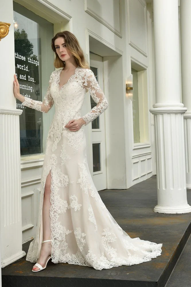 Delicate V Neck High Split Long Sleevess Lace Wedding Dress With Court Train - Image 6