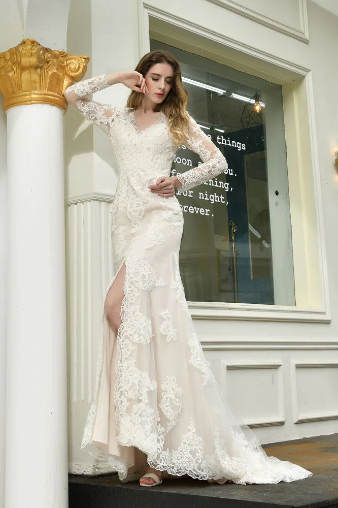 Delicate V Neck High Split Long Sleevess Lace Wedding Dress With Court Train - Image 7