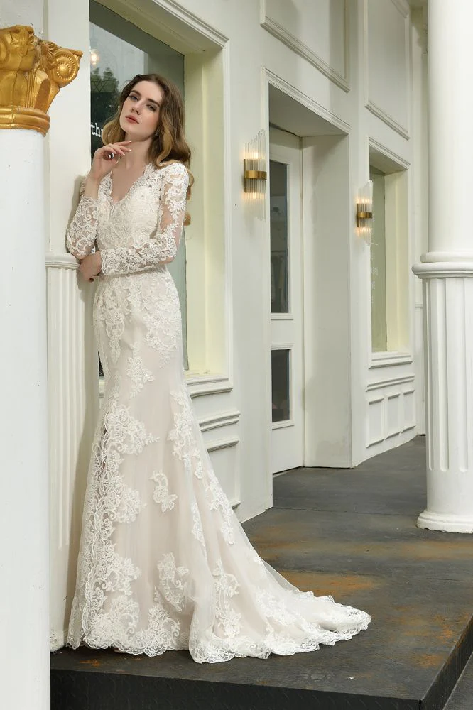 Delicate V Neck High Split Long Sleevess Lace Wedding Dress With Court Train - Image 8
