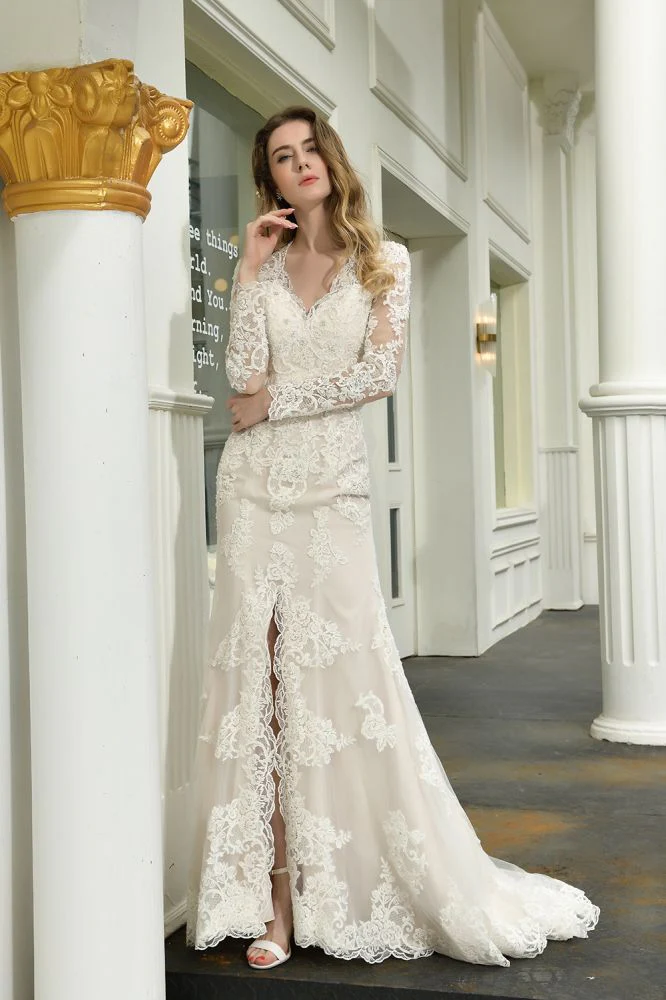 Delicate V Neck High Split Long Sleevess Lace Wedding Dress With Court Train - Image 9