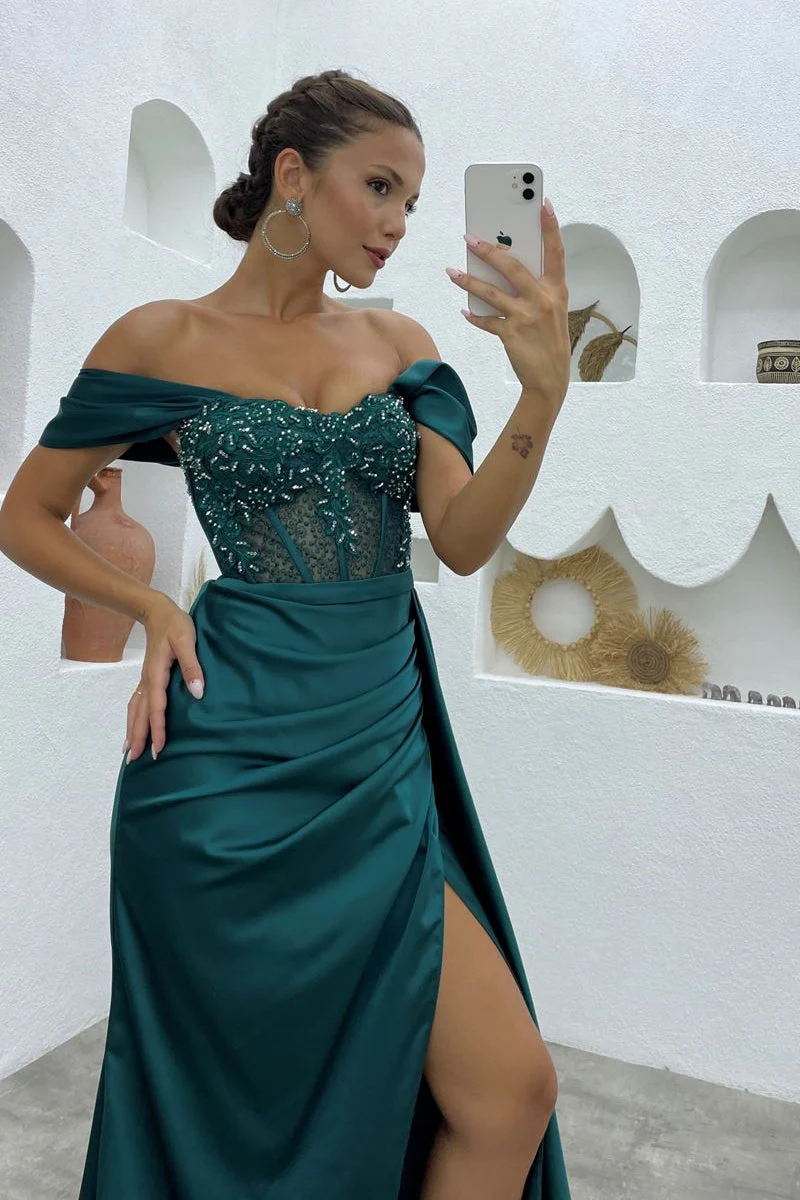 Chic Off-the-Shoulder Sleeveless Mermaid Prom Dresses Long Slit Online - Image 2