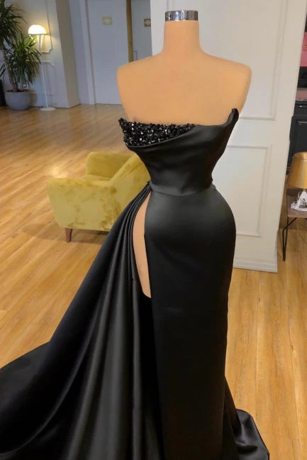 Elegant A-line Graduation Dresses Long Black Prom Dresses With Split Online - Image 2