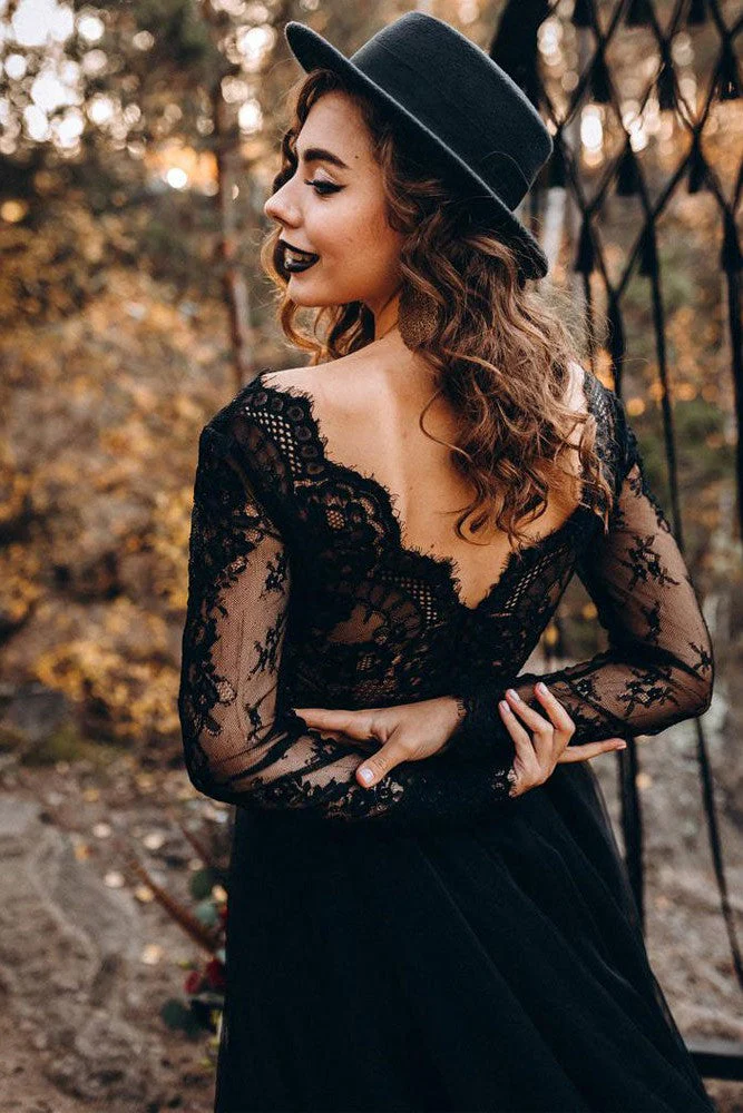 Black Long Sleeves Lace Evening Dress Tulle Party Gowns - Image 2