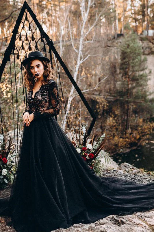 Black Long Sleeves Lace Evening Dress Tulle Party Gowns - Image 3