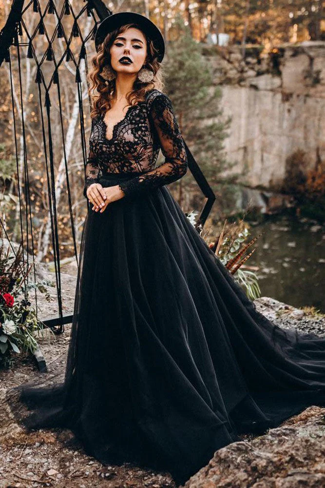 Black Long Sleeves Lace Evening Dress Tulle Party Gowns - Image 5