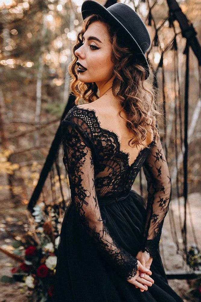 Black Long Sleeves Lace Evening Dress Tulle Party Gowns - Image 6