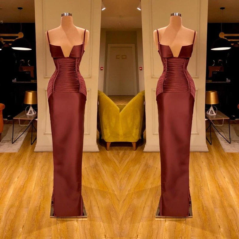 Designer Burgundy Spaghetti-Straps Mermaid Prom Dress Long With Ruched - Image 2