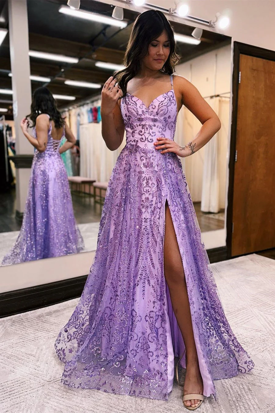 Elegant Long A-line Spaghetti Straps Lace Sleeveless Evening Prom Dresses With Slit - Image 5