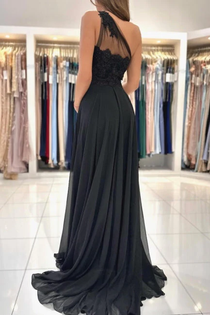 Elegant Long Black Graduation Dresses One Shoulder Lace Prom Dresses With Split Online - Image 2