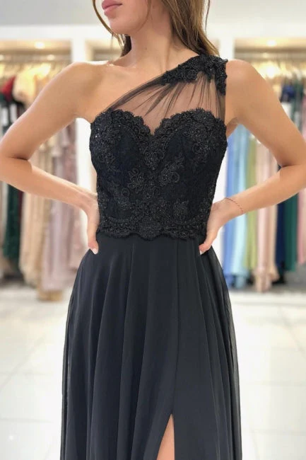 Elegant Long Black Graduation Dresses One Shoulder Lace Prom Dresses With Split Online - Image 3
