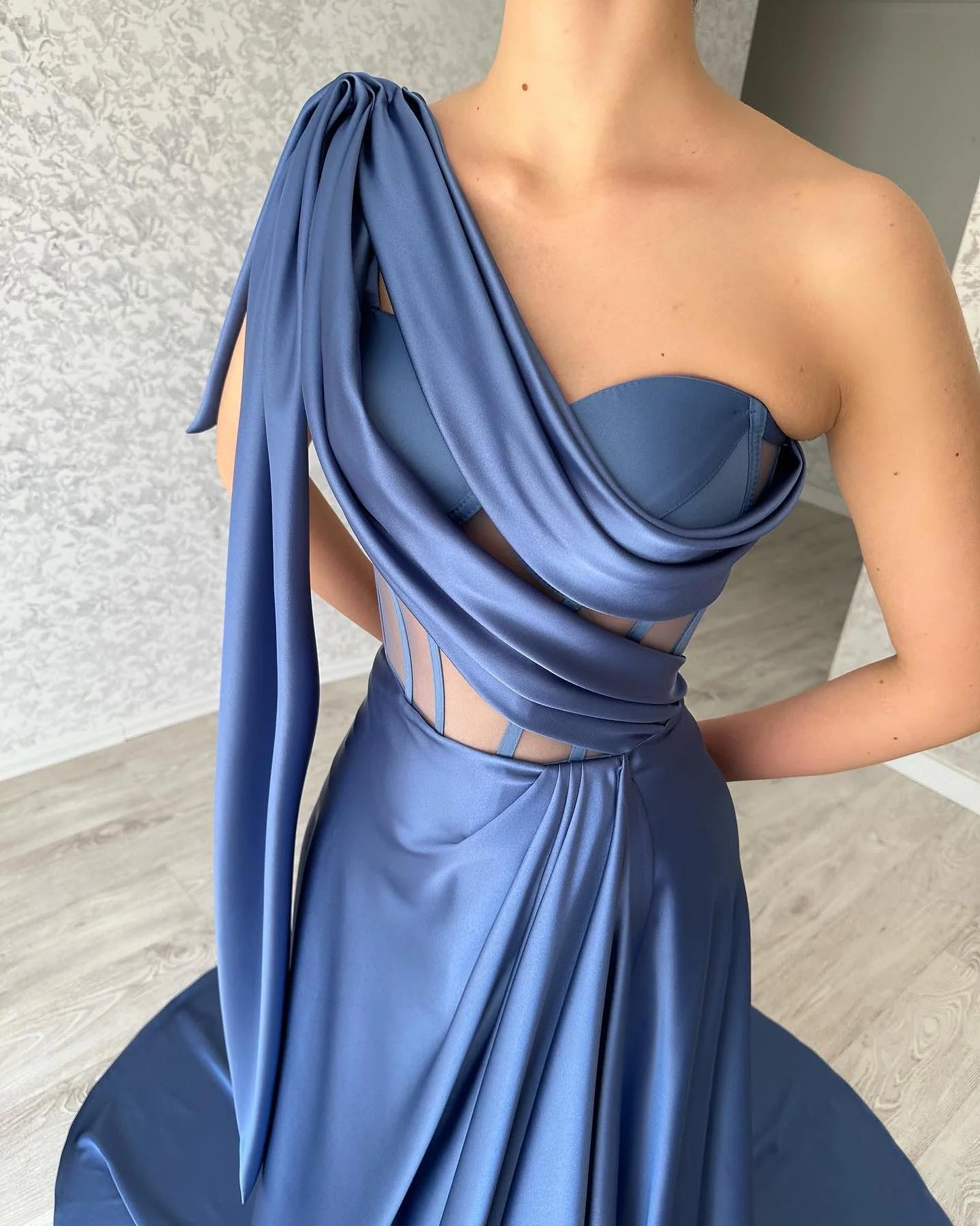 Elegant Long Blue One Shoulder Sleeveless Prom Dresses - Image 3
