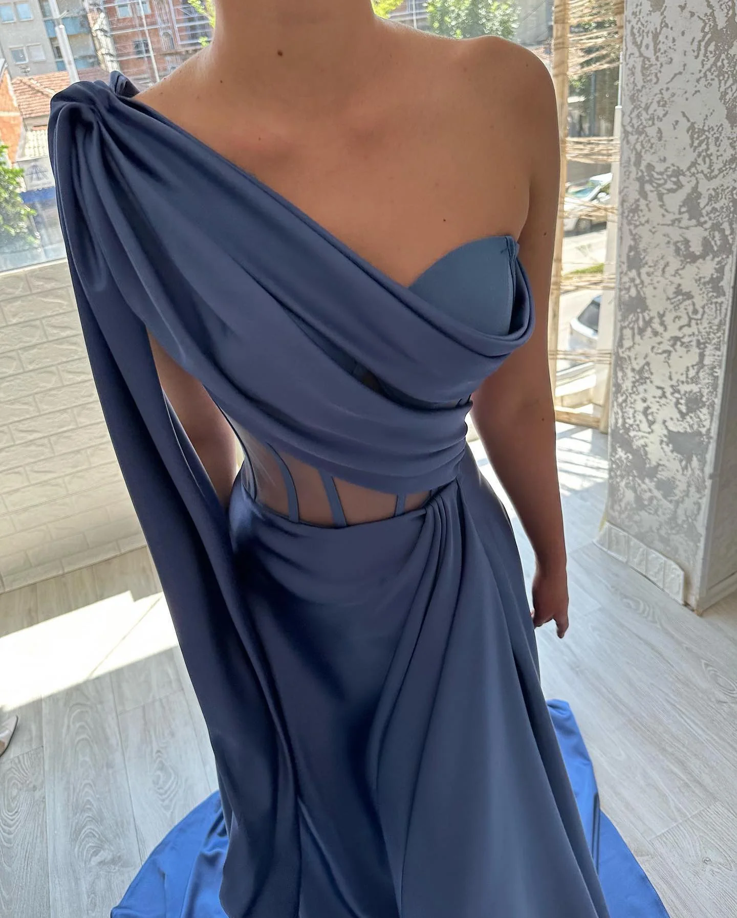 Elegant Long Blue One Shoulder Sleeveless Prom Dresses - Image 6