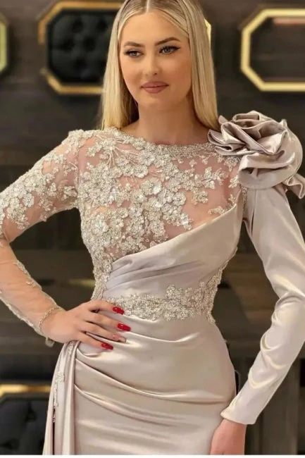 Elegant Long Champagne Mermaid Lace Graduation Dresses With Long Sleeves - Image 2