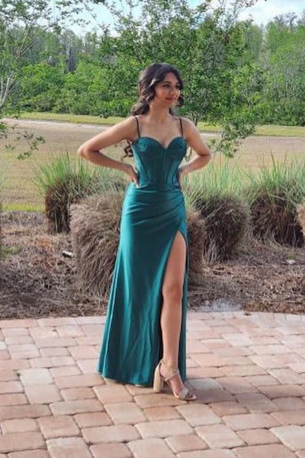 Elegant Long Dark Green Sleeveless Spaghetti Straps Prom Dresses With Split Online - Image 2