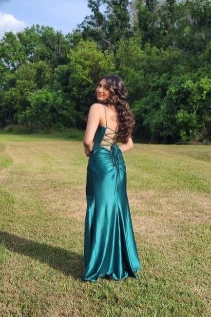 Elegant Long Dark Green Sleeveless Spaghetti Straps Prom Dresses With Split Online - Image 3