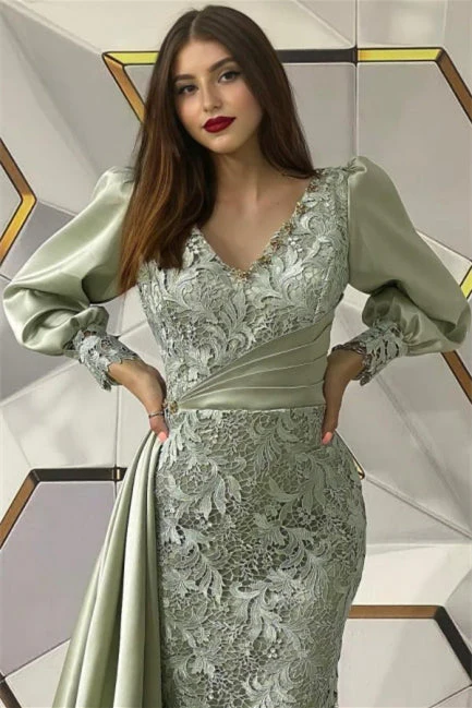 Fabulous Dusty Sage Mermaid Long Sleeves Evening Dresses With Lace - Image 2